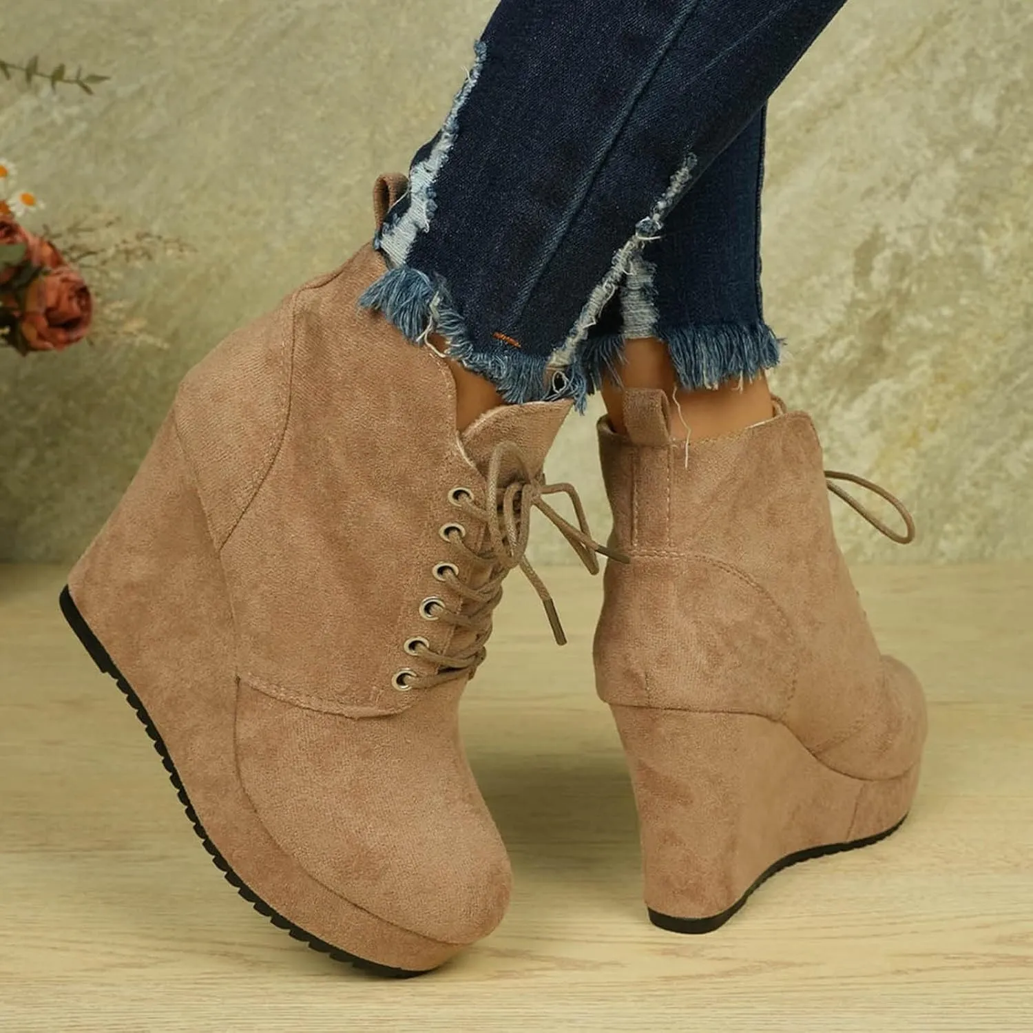 Cathalem Ankle Boots for Women Wedge Booties Fall Ankle Boots Tie Knot Stacked Heeled Side Zipper Winter Dress Shoes