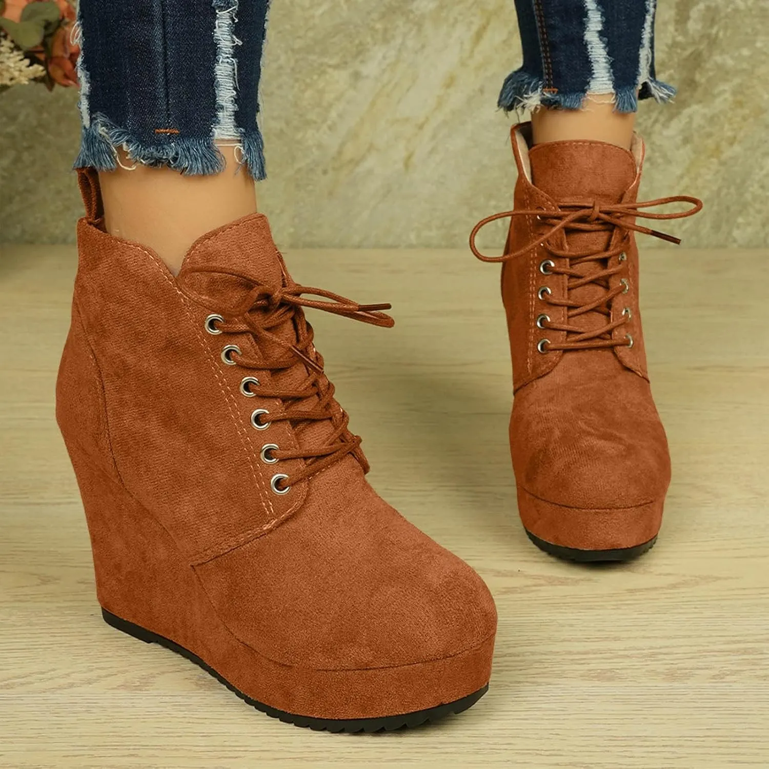 Cathalem Ankle Boots for Women Wedge Booties Fall Ankle Boots Tie Knot Stacked Heeled Side Zipper Winter Dress Shoes