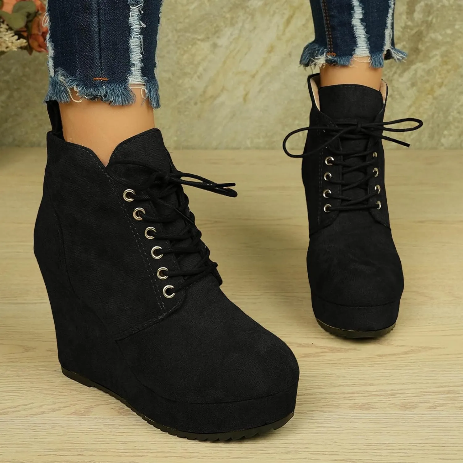 Cathalem Ankle Boots for Women Wedge Booties Fall Ankle Boots Tie Knot Stacked Heeled Side Zipper Winter Dress Shoes