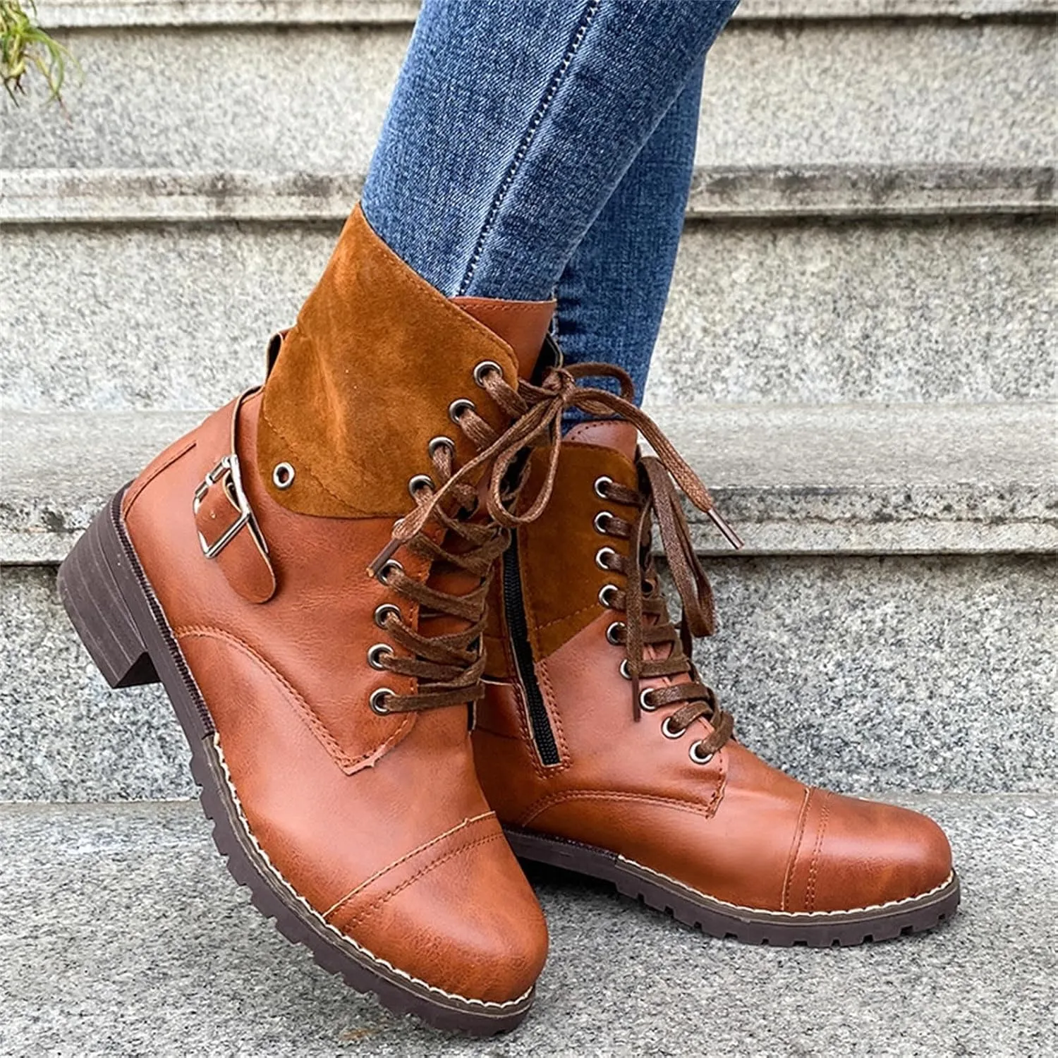 Cathalem Ankle Boots for Women Wedges Ankle Booties Retro V Cutout Short Boots Flock Leather Zip Closure Block Heels Shoes