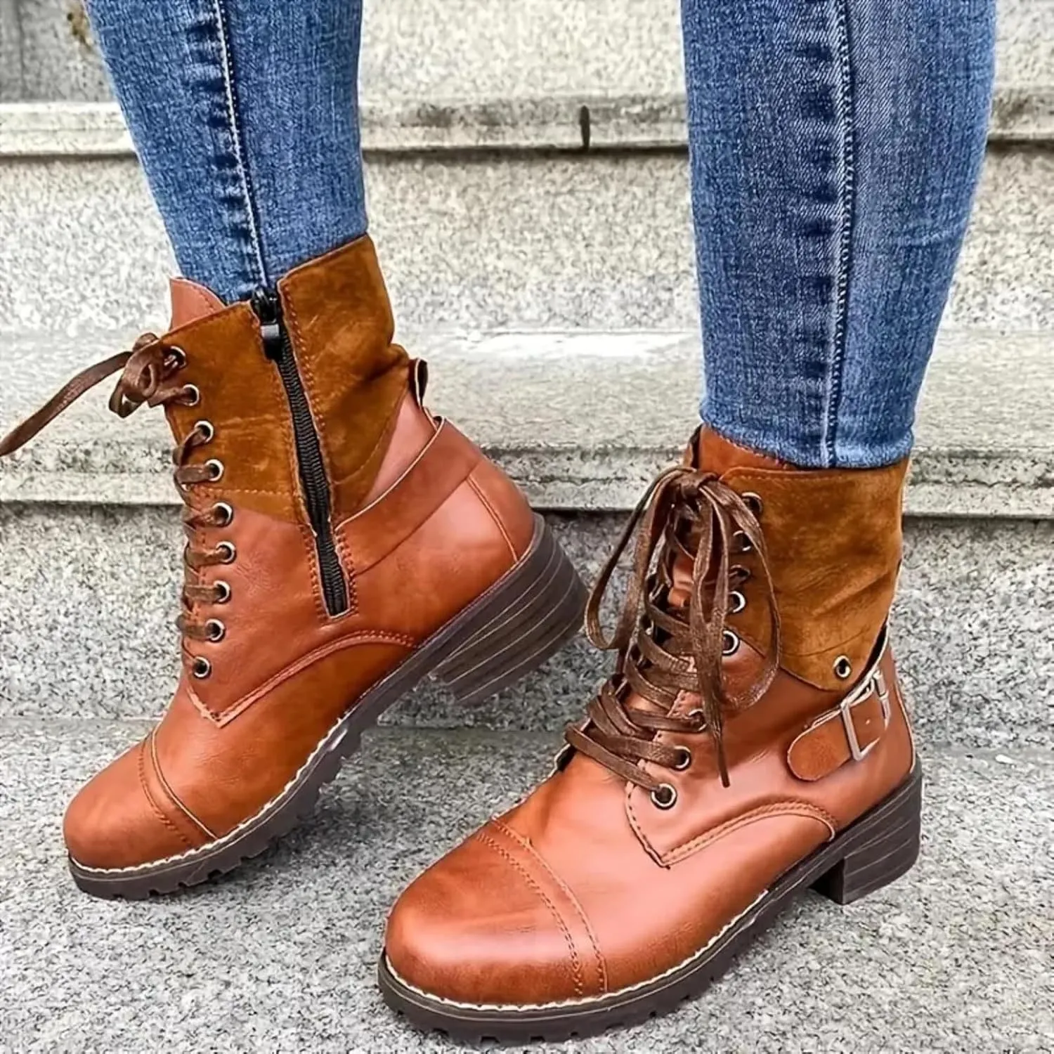 Cathalem Ankle Boots for Women Wedges Ankle Booties Retro V Cutout Short Boots Flock Leather Zip Closure Block Heels Shoes
