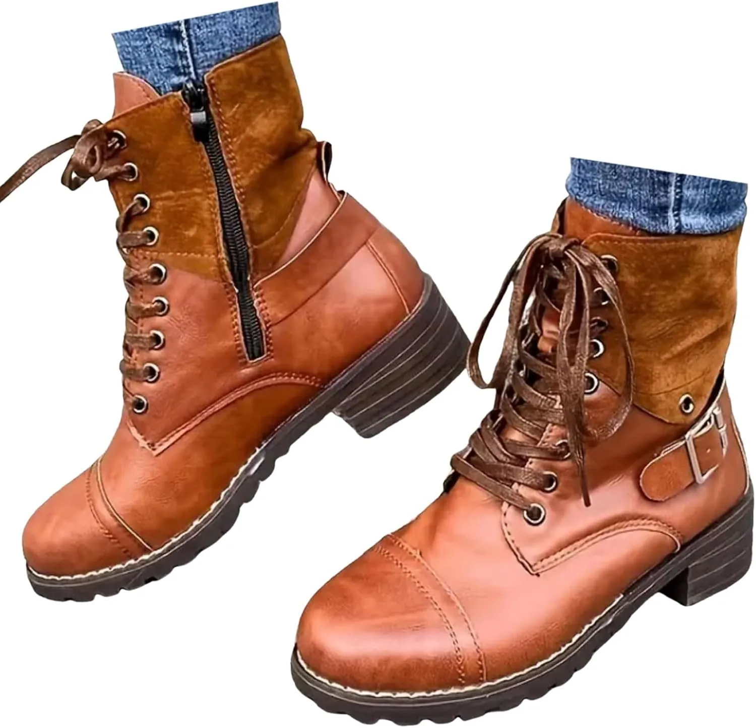Cathalem Ankle Boots for Women Wedges Ankle Booties Retro V Cutout Short Boots Flock Leather Zip Closure Block Heels Shoes