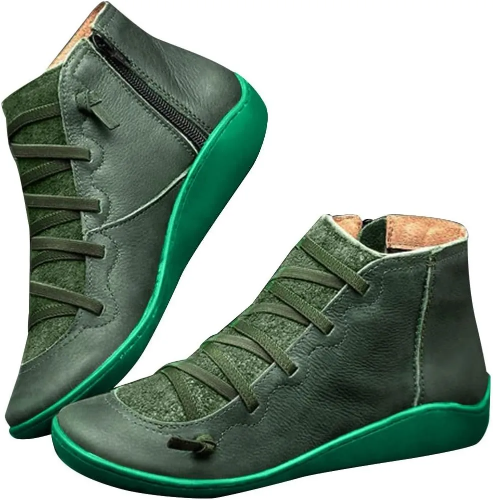 Cathalem Ankle Boots for Women Women's Arch Support Fashion Lace up Side Zip Vintage Booties Flat Heel Leather Damping Shoes