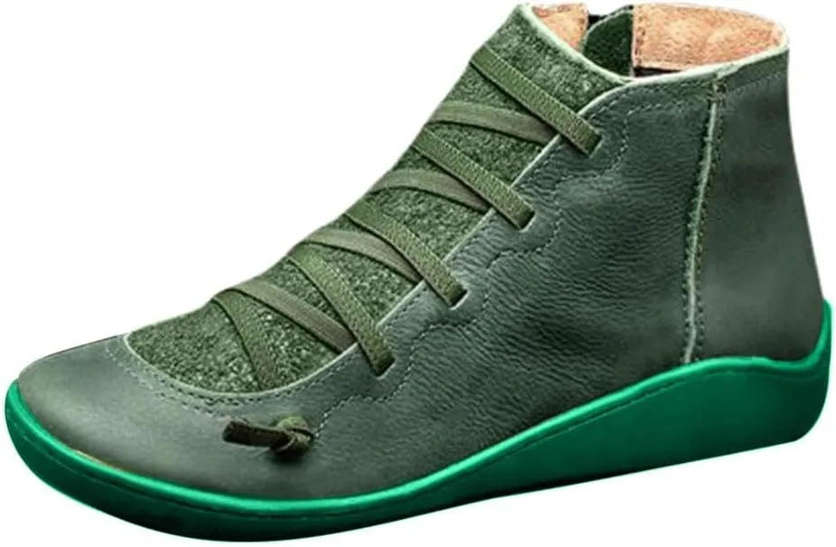 Cathalem Ankle Boots for Women Women's Arch Support Fashion Lace up Side Zip Vintage Booties Flat Heel Leather Damping Shoes