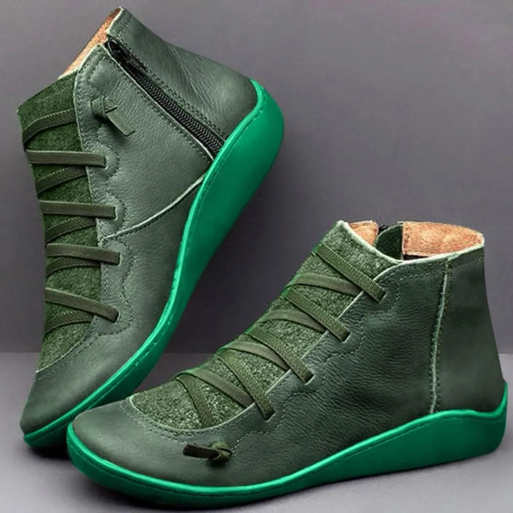 Cathalem Ankle Boots for Women Women's Arch Support Fashion Lace up Side Zip Vintage Booties Flat Heel Leather Damping Shoes