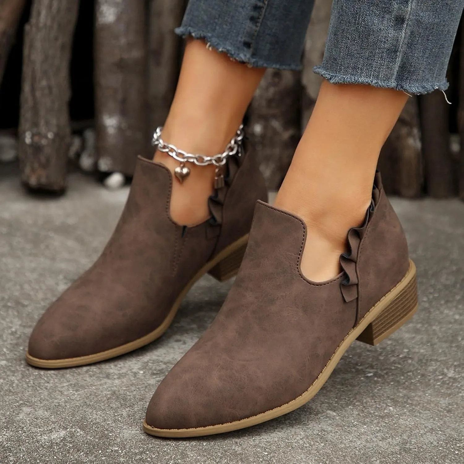 Cathalem Ankle Boots for Women, Womens Fall Cutout Booties Low Heels Stacked Ruffle Slip On Dress Short Boots Shoes