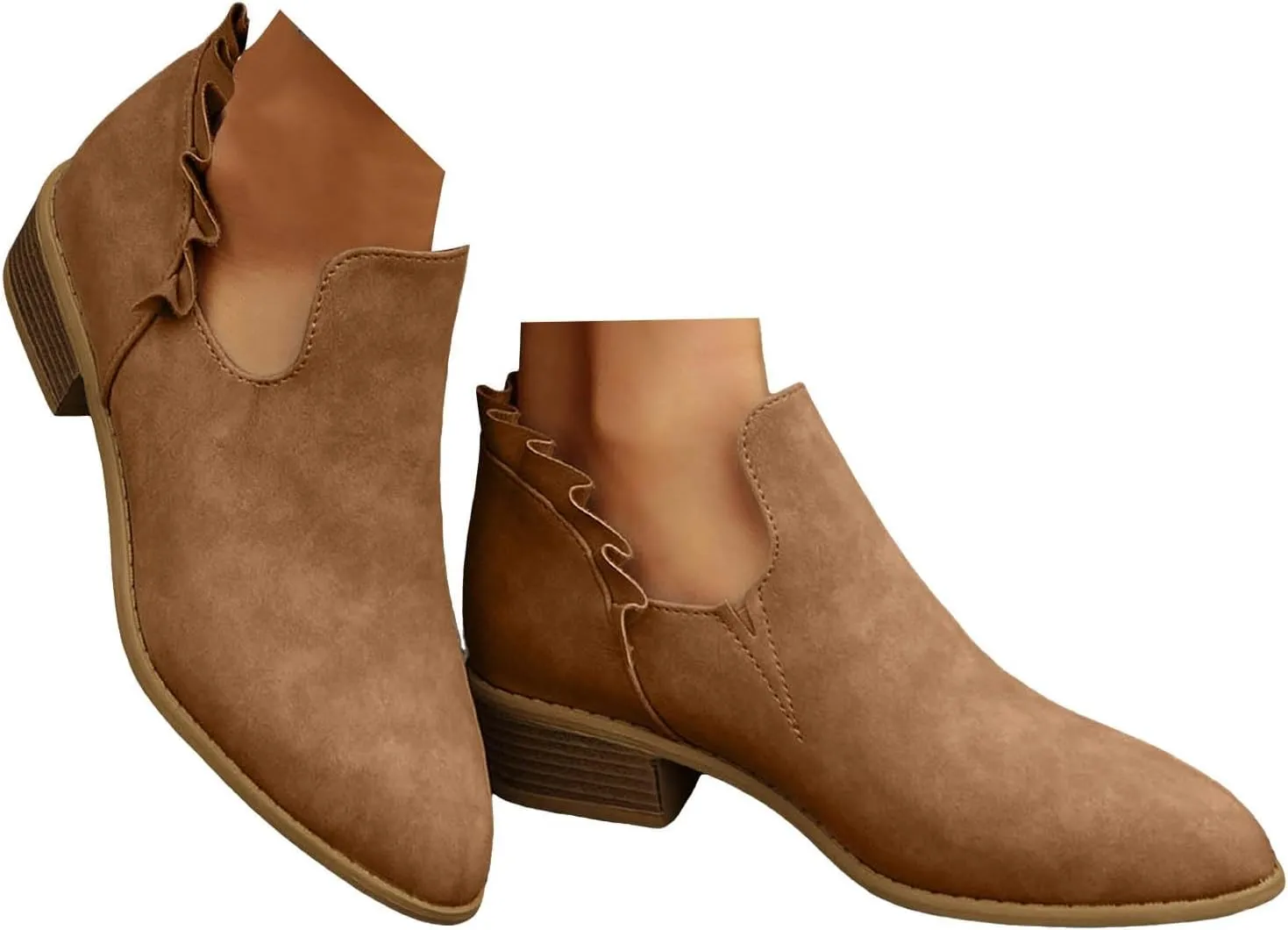 Cathalem Ankle Boots for Women, Womens Fall Cutout Booties Low Heels Stacked Ruffle Slip On Dress Short Boots Shoes