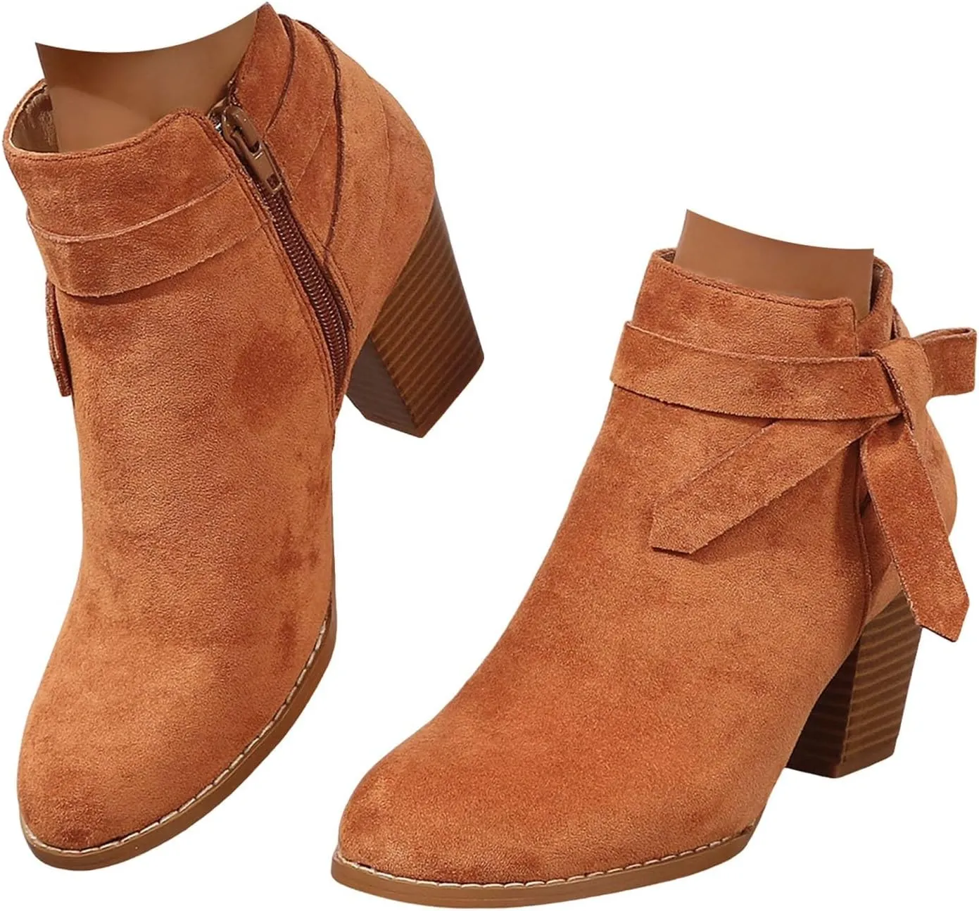 Cathalem Ankle Boots for Women, Women's Tie Knot Chelsea Pump Ankle Boots Closed Toe Stacked Heel Booties Shoes