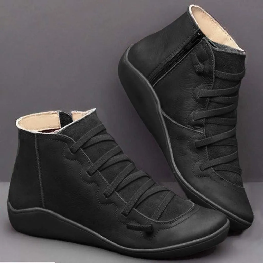 Cathalem Ankle Boots for Women,2024 New Flat Heel Booties Arch Support Booties Side Zip-up Vintage Leather Damping Shoes