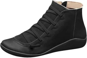 Cathalem Ankle Boots for Women,2024 New Flat Heel Booties Arch Support Booties Side Zip-up Vintage Leather Damping Shoes