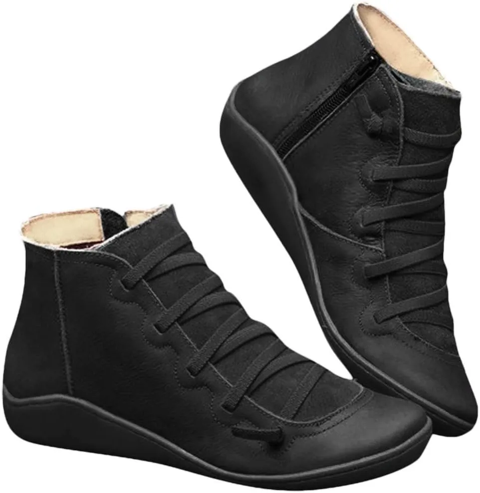 Cathalem Ankle Boots for Women,2024 New Flat Heel Booties Arch Support Booties Side Zip-up Vintage Leather Damping Shoes