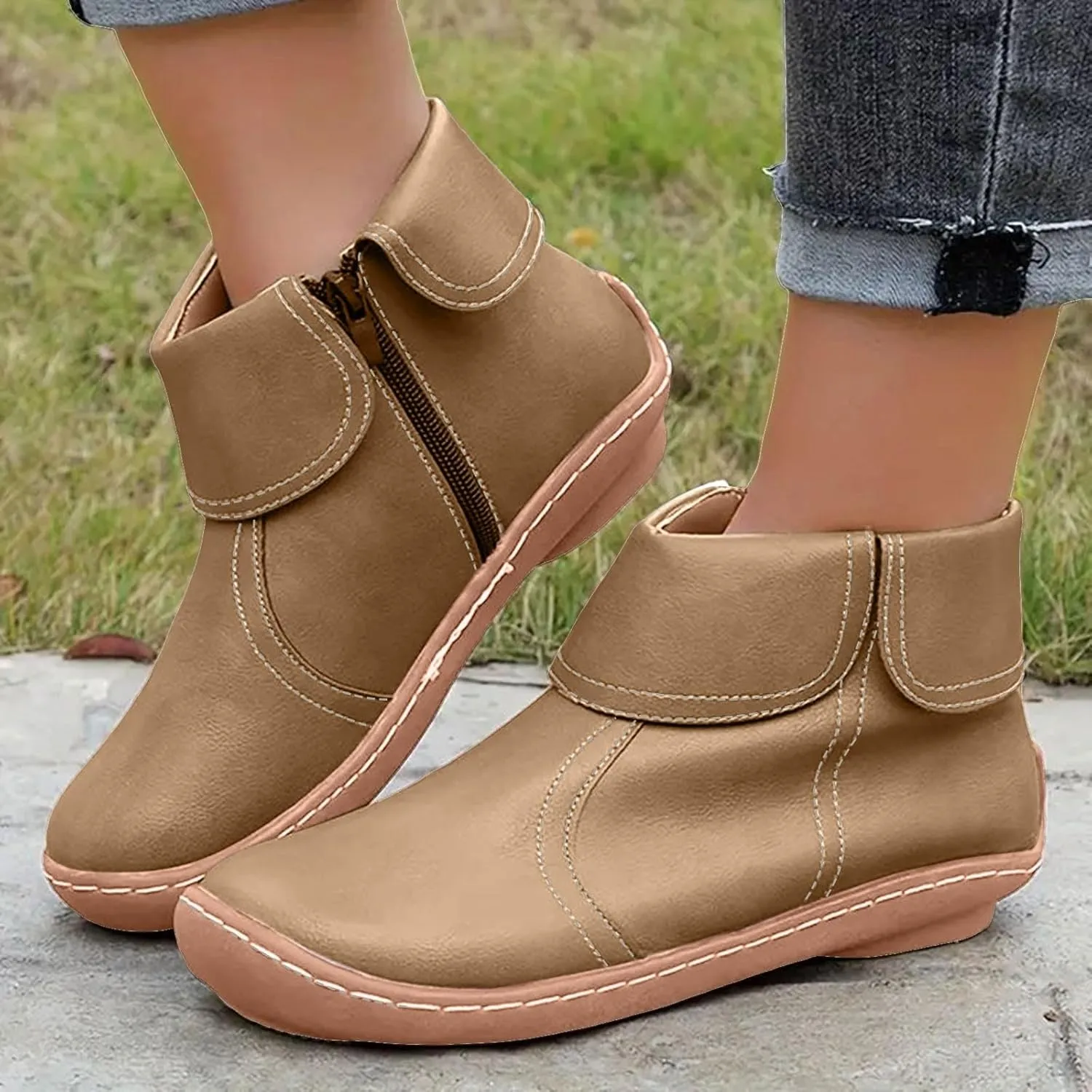 Cathalem Booties for Women 2024, 2024 New Flat Heel Booties Arch Support Booties Side Zip-up Vintage Leather Damping Shoes