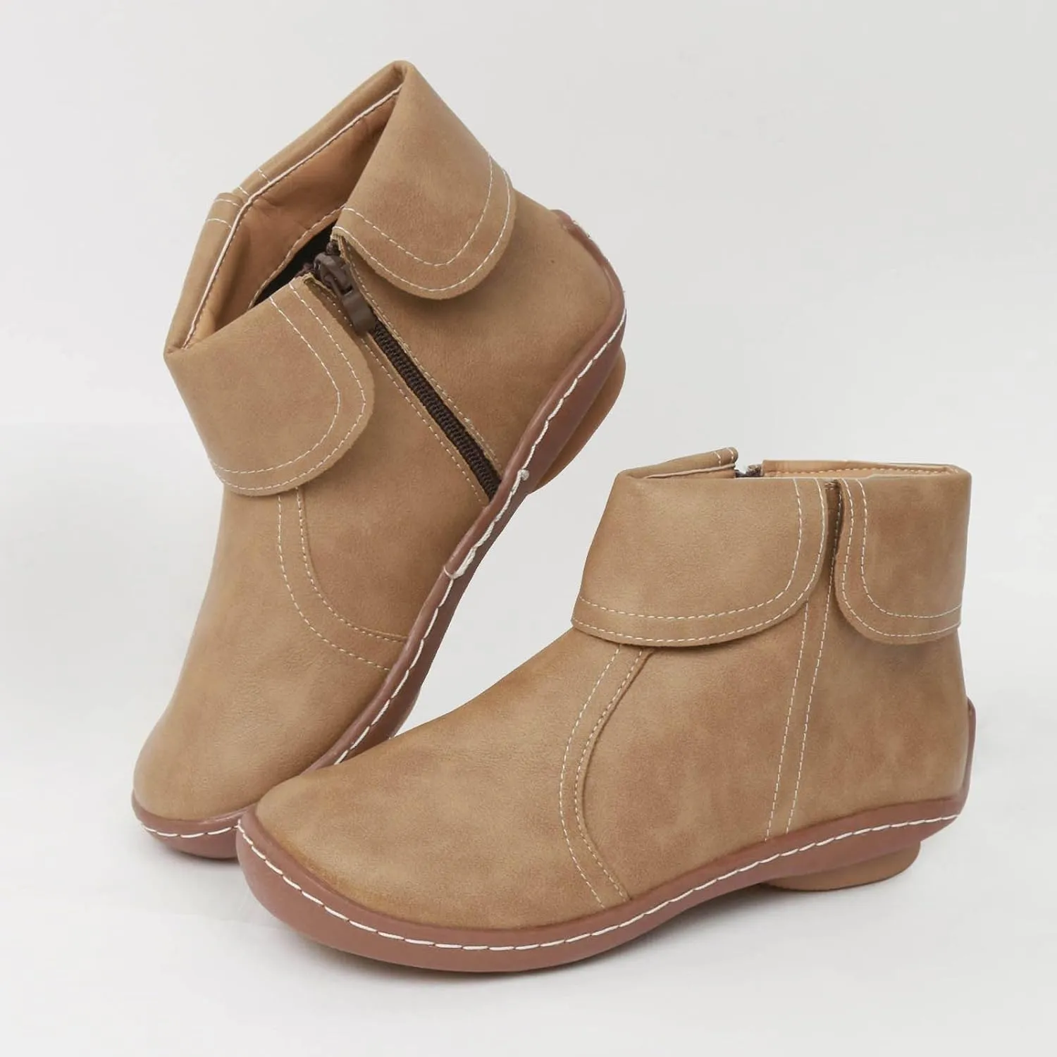 Cathalem Booties for Women 2024, 2024 New Flat Heel Booties Arch Support Booties Side Zip-up Vintage Leather Damping Shoes
