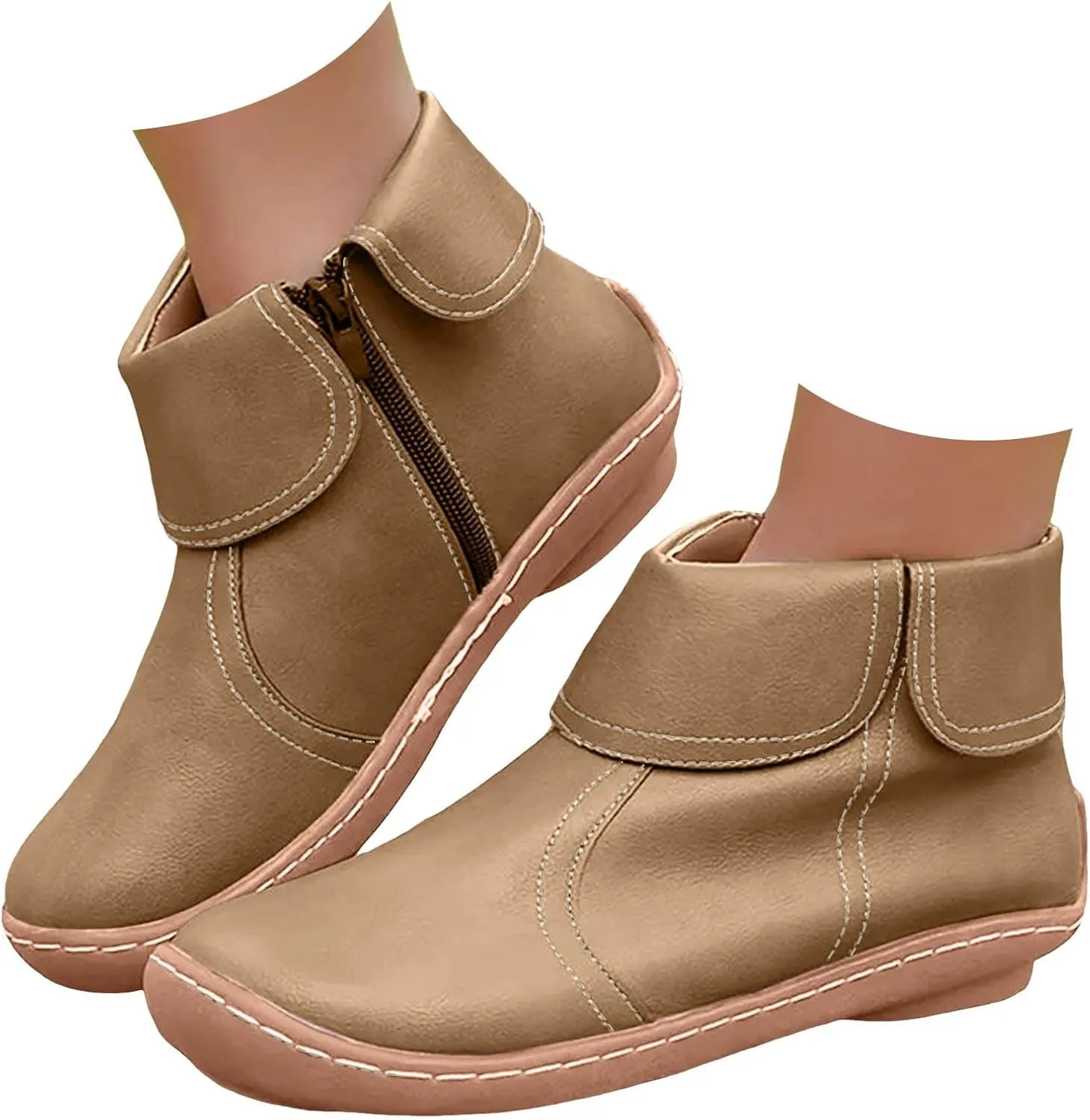 Cathalem Booties for Women 2024, 2024 New Flat Heel Booties Arch Support Booties Side Zip-up Vintage Leather Damping Shoes