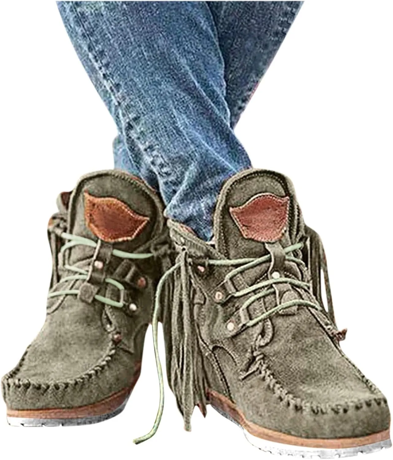 Cathalem Booties for Women 2024, Womens Retro Cowboy Boots Closed Toe Low Heel Combat Western Shoes Fringed Ankle Boots