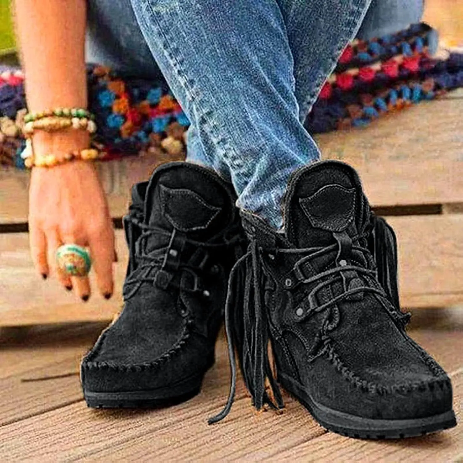 Cathalem Booties for Women 2024, Womens Retro Cowboy Boots Closed Toe Low Heel Combat Western Shoes Fringed Ankle Boots