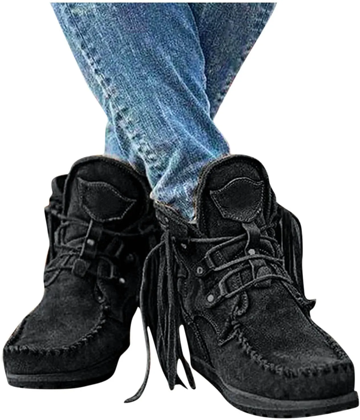 Cathalem Booties for Women 2024, Womens Retro Cowboy Boots Closed Toe Low Heel Combat Western Shoes Fringed Ankle Boots