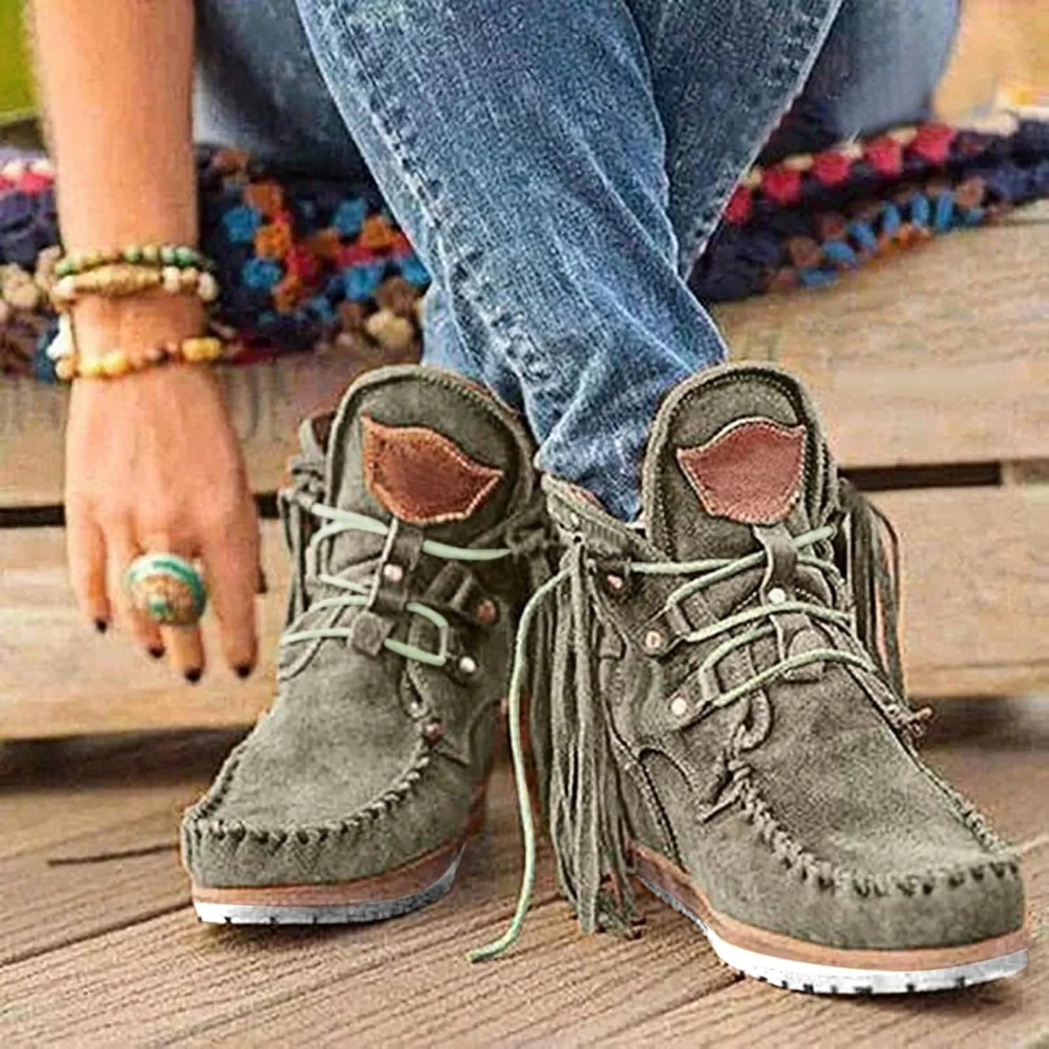Cathalem Booties for Women 2024, Womens Retro Cowboy Boots Closed Toe Low Heel Combat Western Shoes Fringed Ankle Boots
