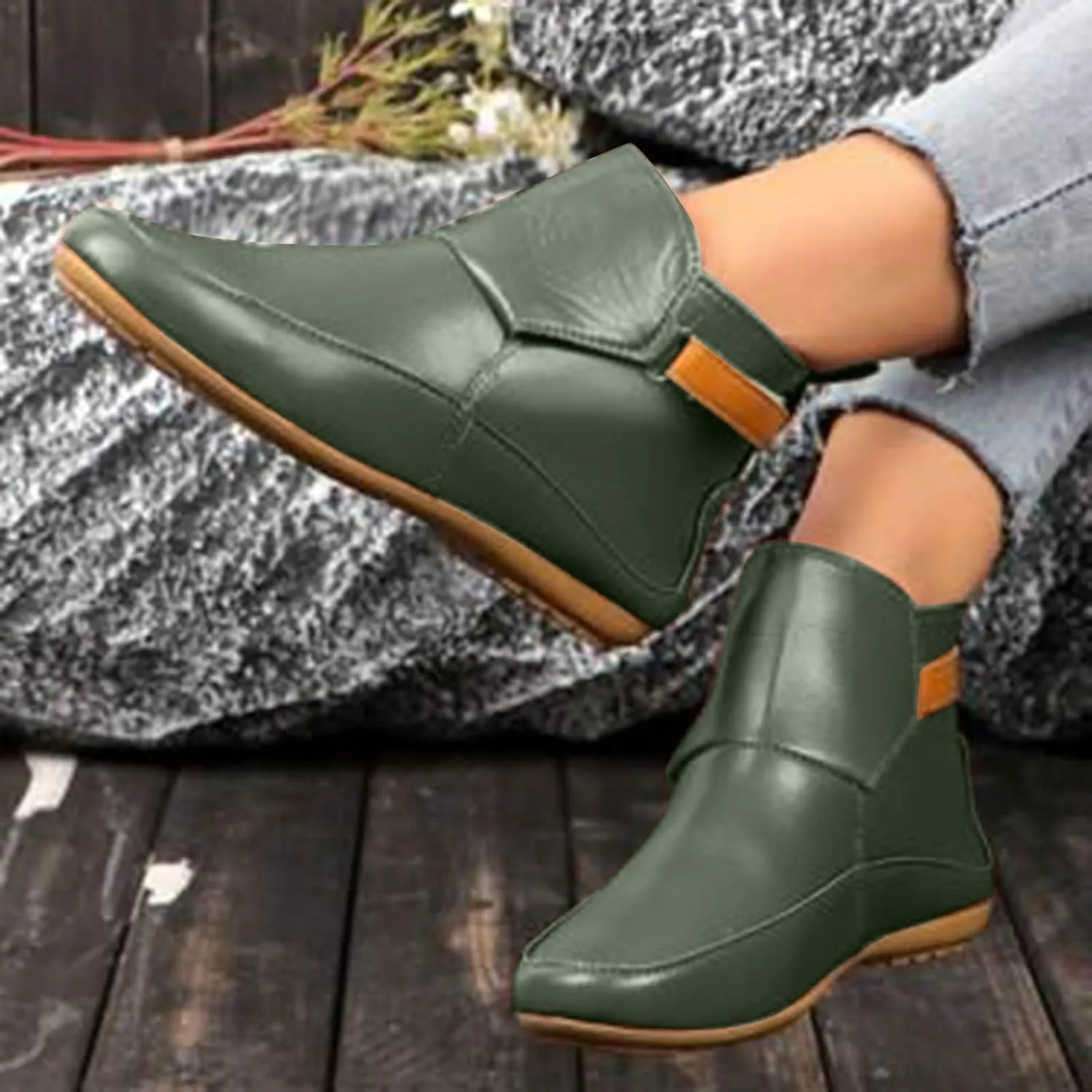 Cathalem Booties for Women 2024,Arch Support Booties Side Zip-up Vintage Leather Damping Shoes Flat Heel Booties