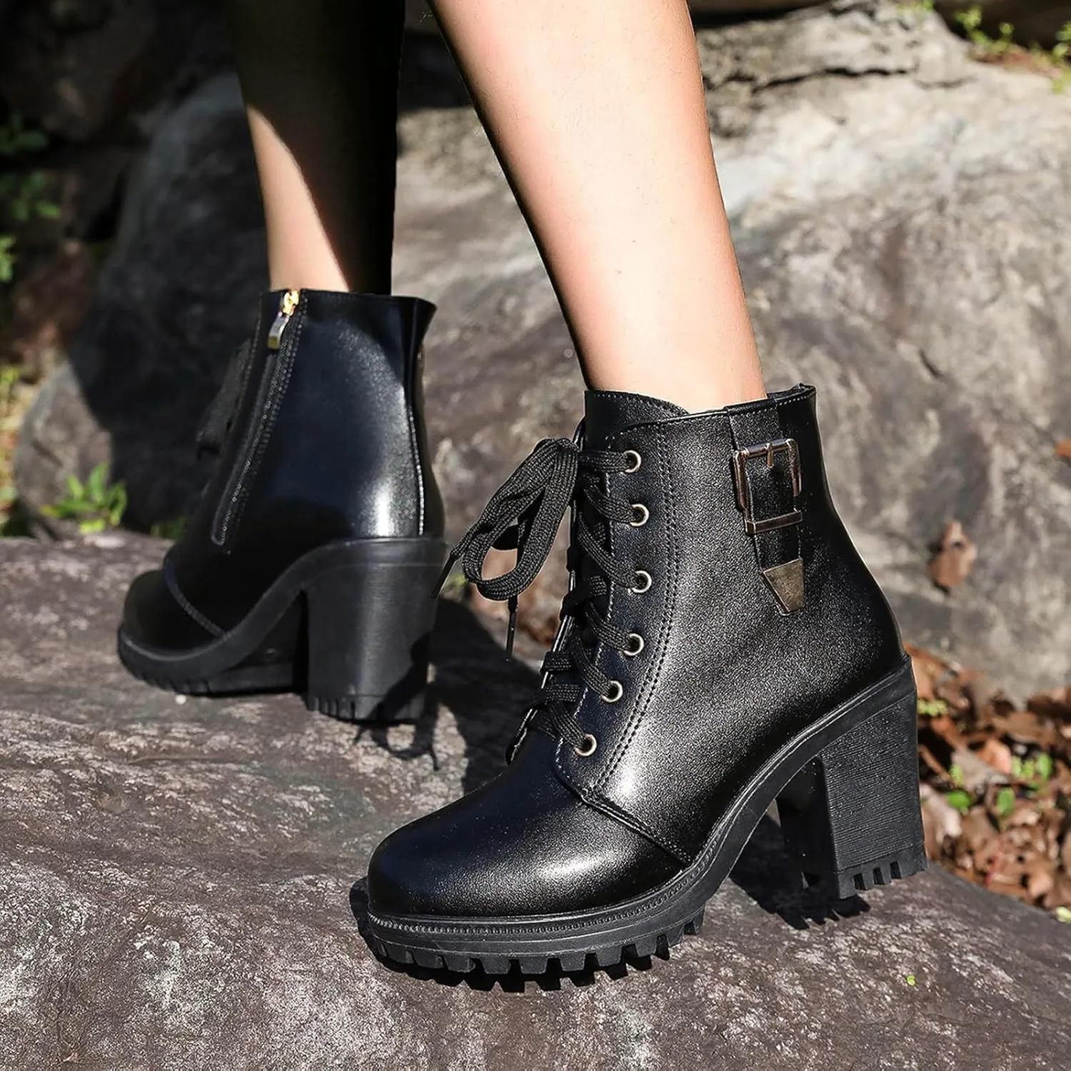 Cathalem Boots Chunky Heel Boot for Women Ankle Booties Womens Black Platform Bead Lolita DressBootie Dress Punk Shoes with Zipper Wedge High Heel Booties