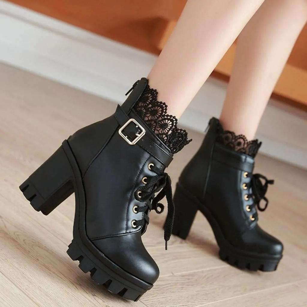 Cathalem Boots Chunky Heel Boot for Women Ankle Booties Womens Wedge Platform Lace Up Lolita Dress Bootie Dress Punk Shoes with Zipper Wedge High Heel Bootie