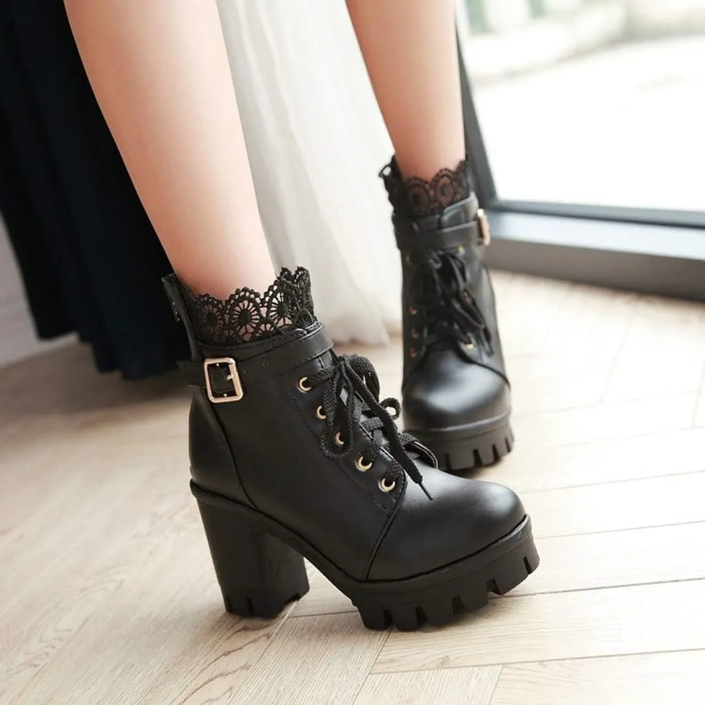 Cathalem Boots Chunky Heel Boot for Women Ankle Booties Womens Wedge Platform Lace Up Lolita Dress Bootie Dress Punk Shoes with Zipper Wedge High Heel Bootie