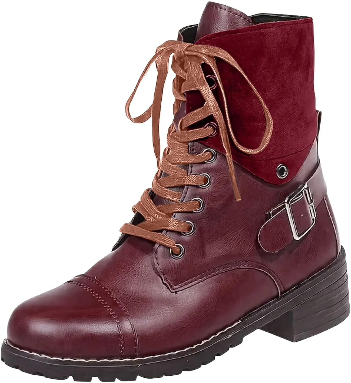 Cathalem Combat Boots for Women Casual Retro Leather Buckle Color Blocking Lace Up Chunky Heel Mid Calf Boots Thermal Boots