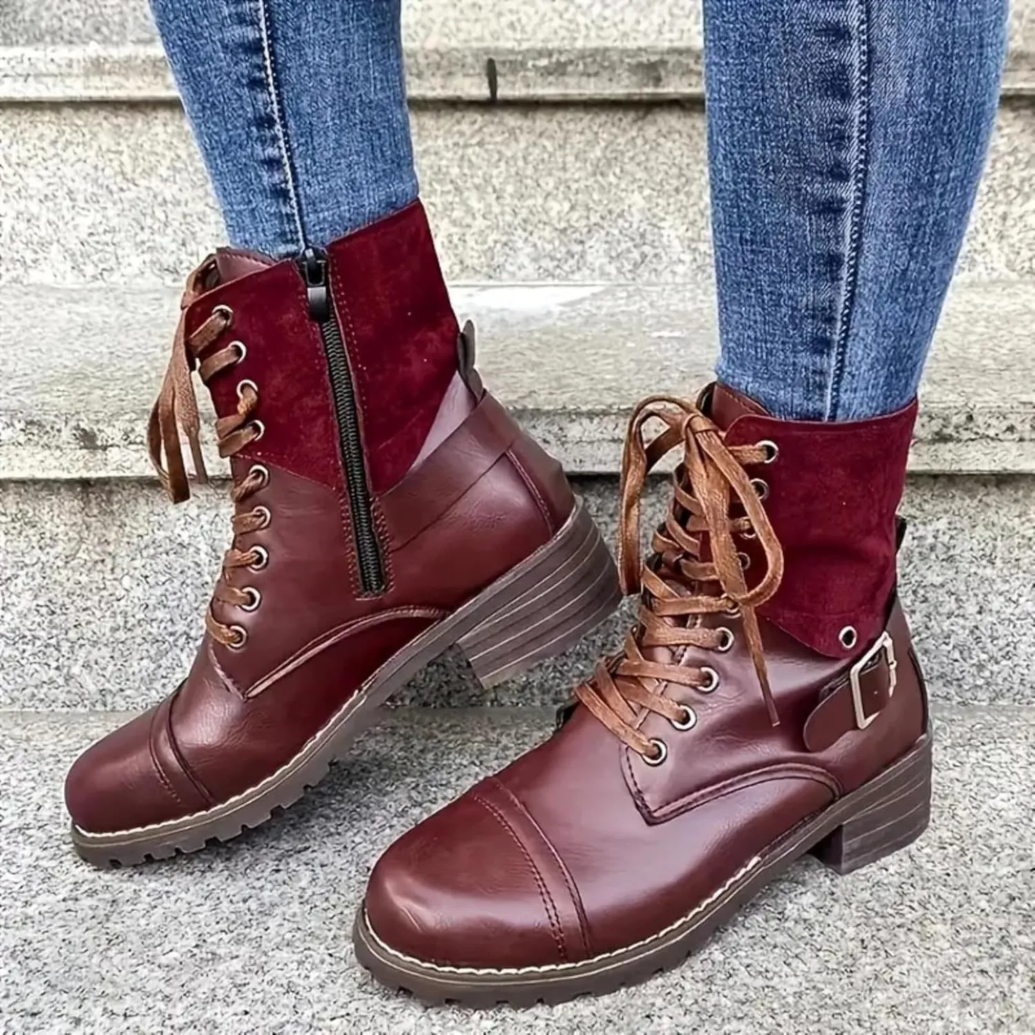 Cathalem Combat Boots for Women Casual Retro Leather Buckle Color Blocking Lace Up Chunky Heel Mid Calf Boots Thermal Boots