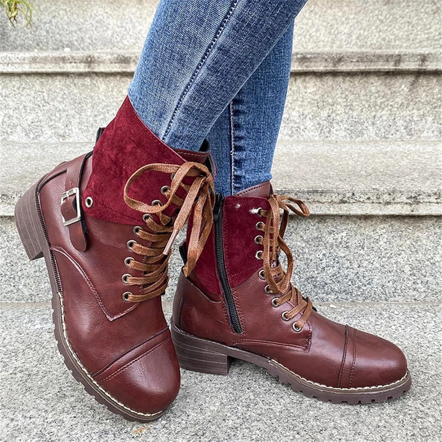 Cathalem Combat Boots for Women Casual Retro Leather Buckle Color Blocking Lace Up Chunky Heel Mid Calf Boots Thermal Boots