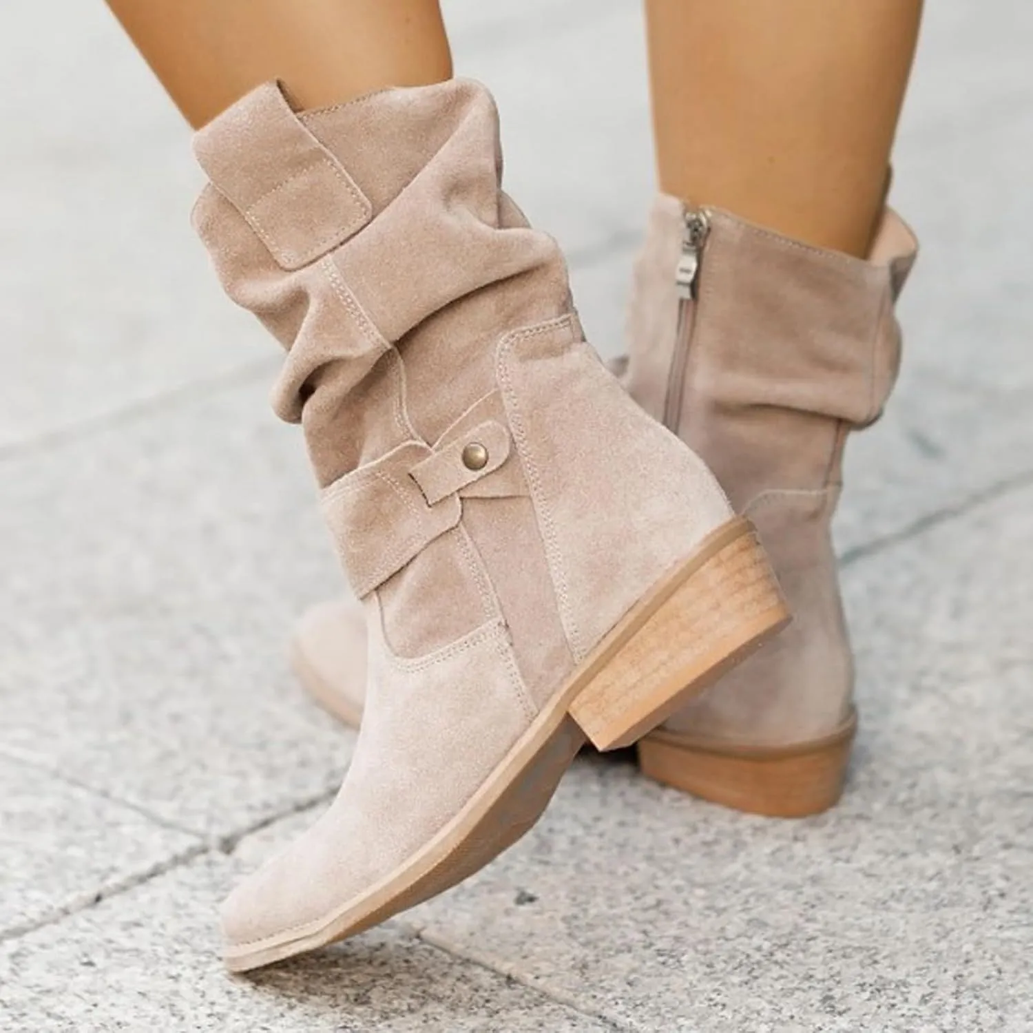 Cathalem Cowboy Boots for Women Flat Boots Wide Width Boots Mid Calf Slouchy Round Toe Suede Ankle Booties Winter Dressy Shoes