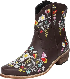 Cathalem Cowboy Boots for Women,Women Flower Embroidered Ankle Cowgirl Boots Western Boots Chunky Heel Pull On Short Boots