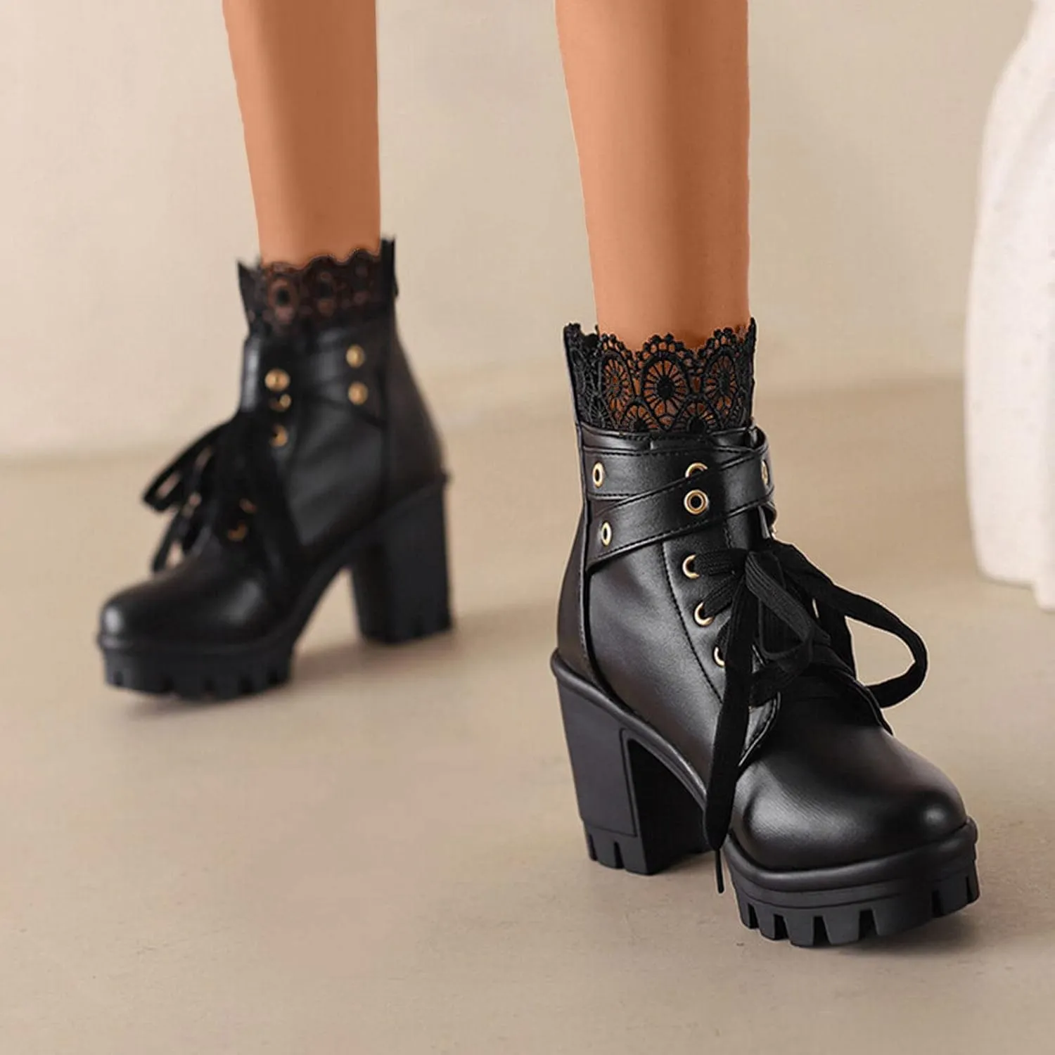 Cathalem Goth Boots for Women Fashion Lace Up Chunky Thick Heeled Booties Round Toe Fall Short Booties Shoes Platform Boots