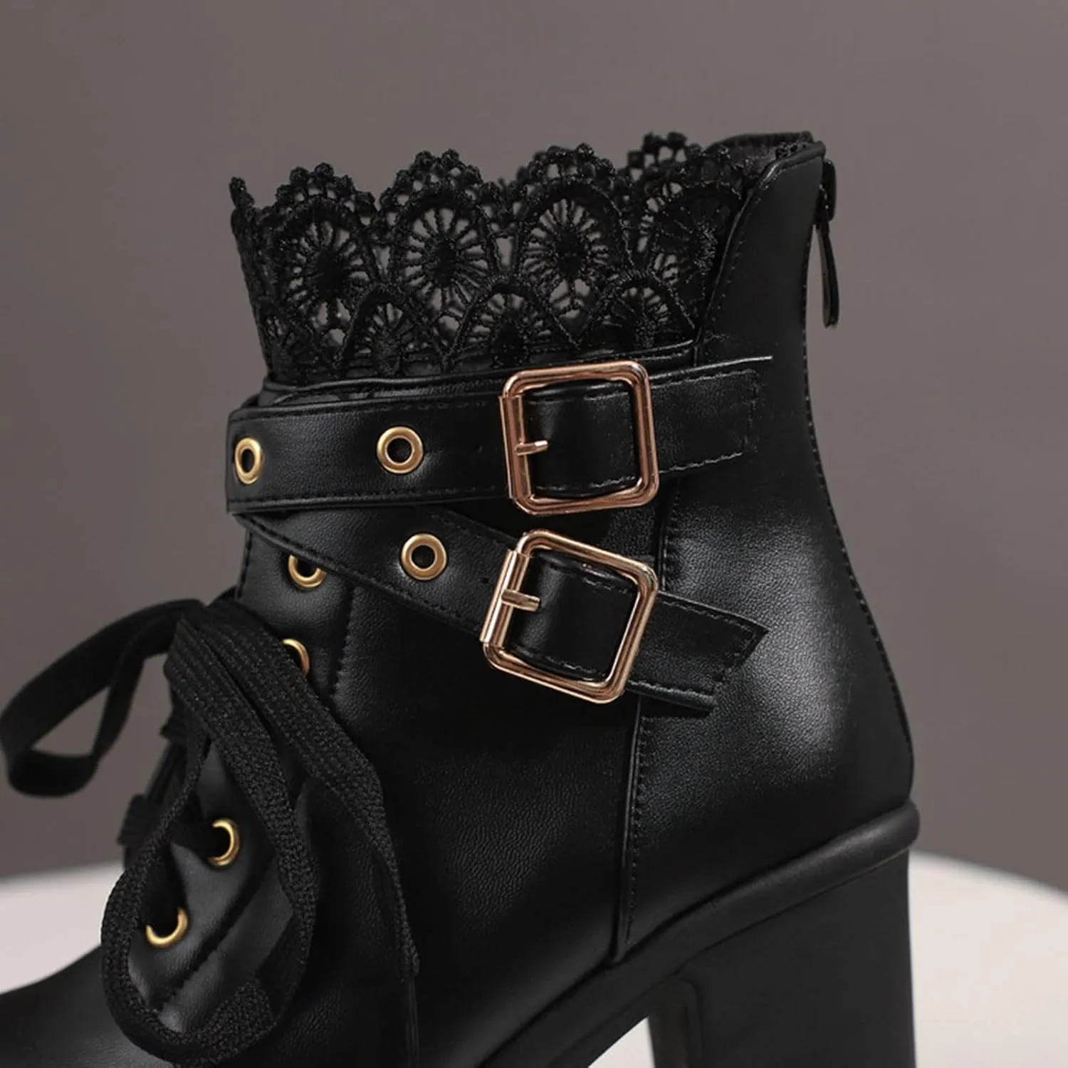 Cathalem Goth Boots for Women Fashion Lace Up Chunky Thick Heeled Booties Round Toe Fall Short Booties Shoes Platform Boots