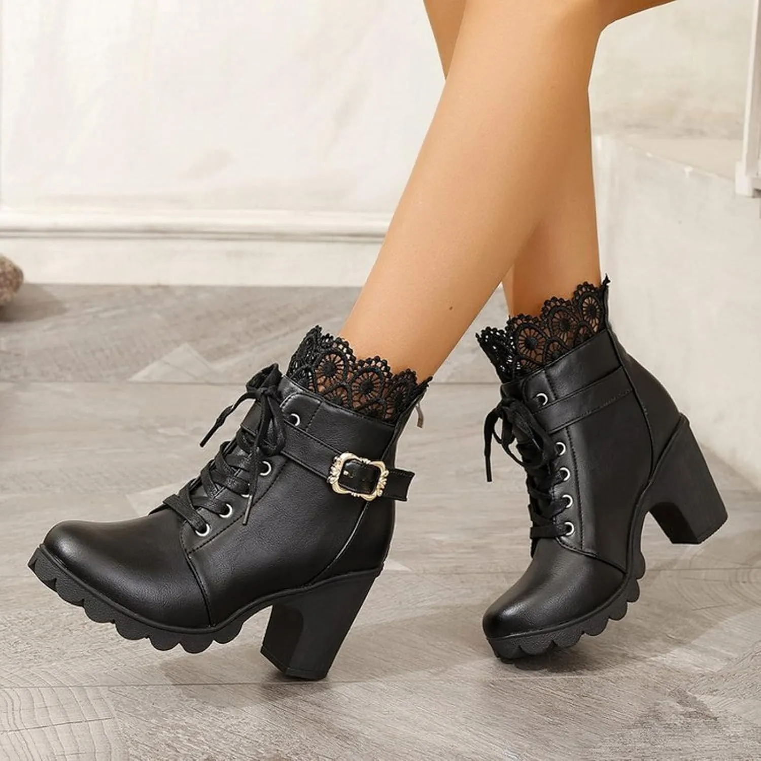 Cathalem Goth Boots for Women Fashion Lace Up Chunky Thick Heeled Booties Round Toe Fall Short Booties Shoes Platform Boots