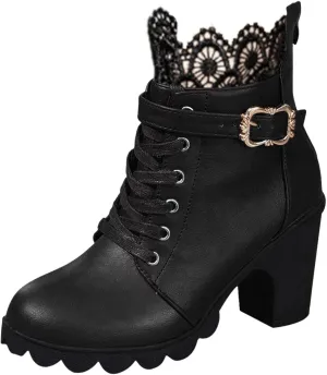 Cathalem Goth Boots for Women Fashion Lace Up Chunky Thick Heeled Booties Round Toe Fall Short Booties Shoes Platform Boots
