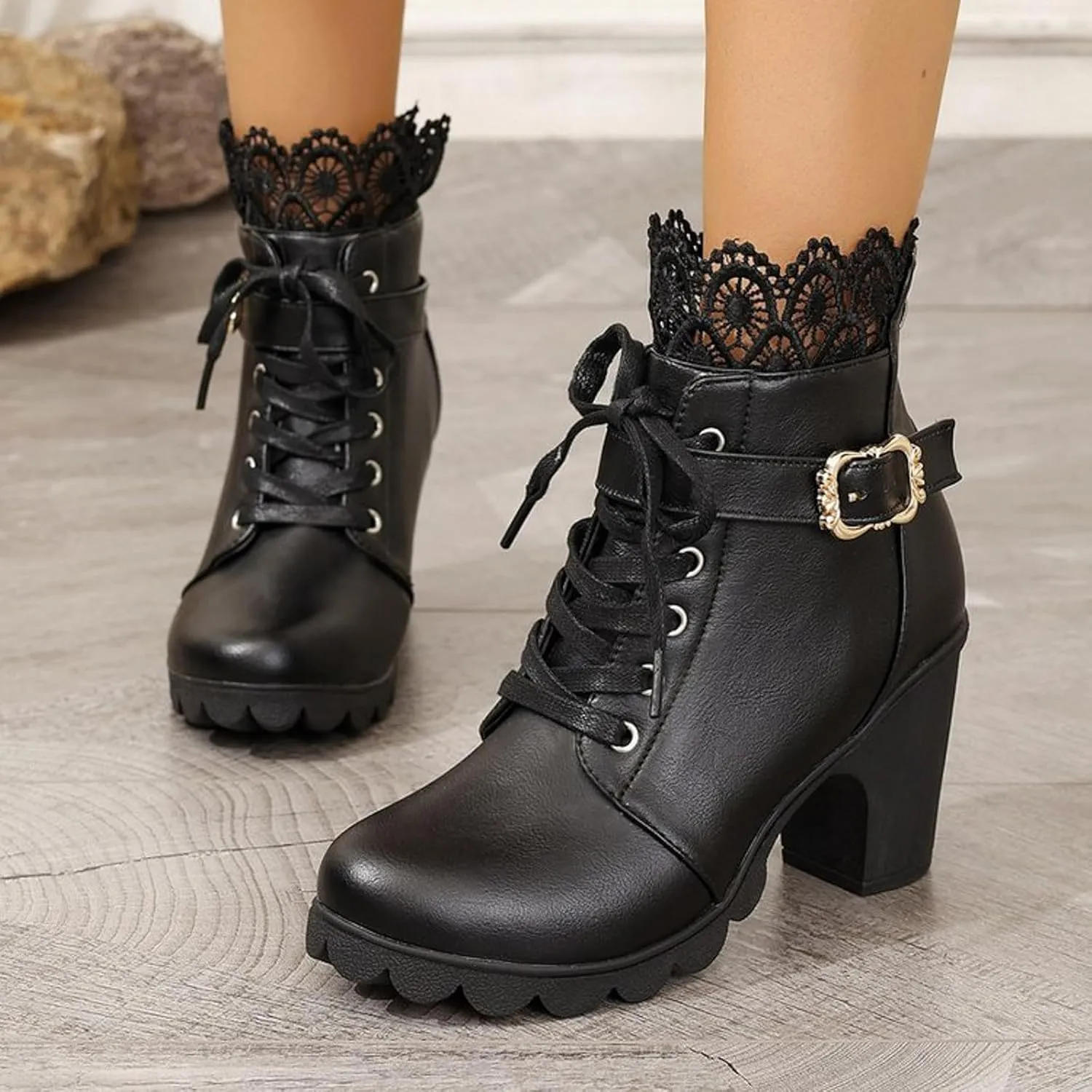 Cathalem Goth Boots for Women Fashion Lace Up Chunky Thick Heeled Booties Round Toe Fall Short Booties Shoes Platform Boots