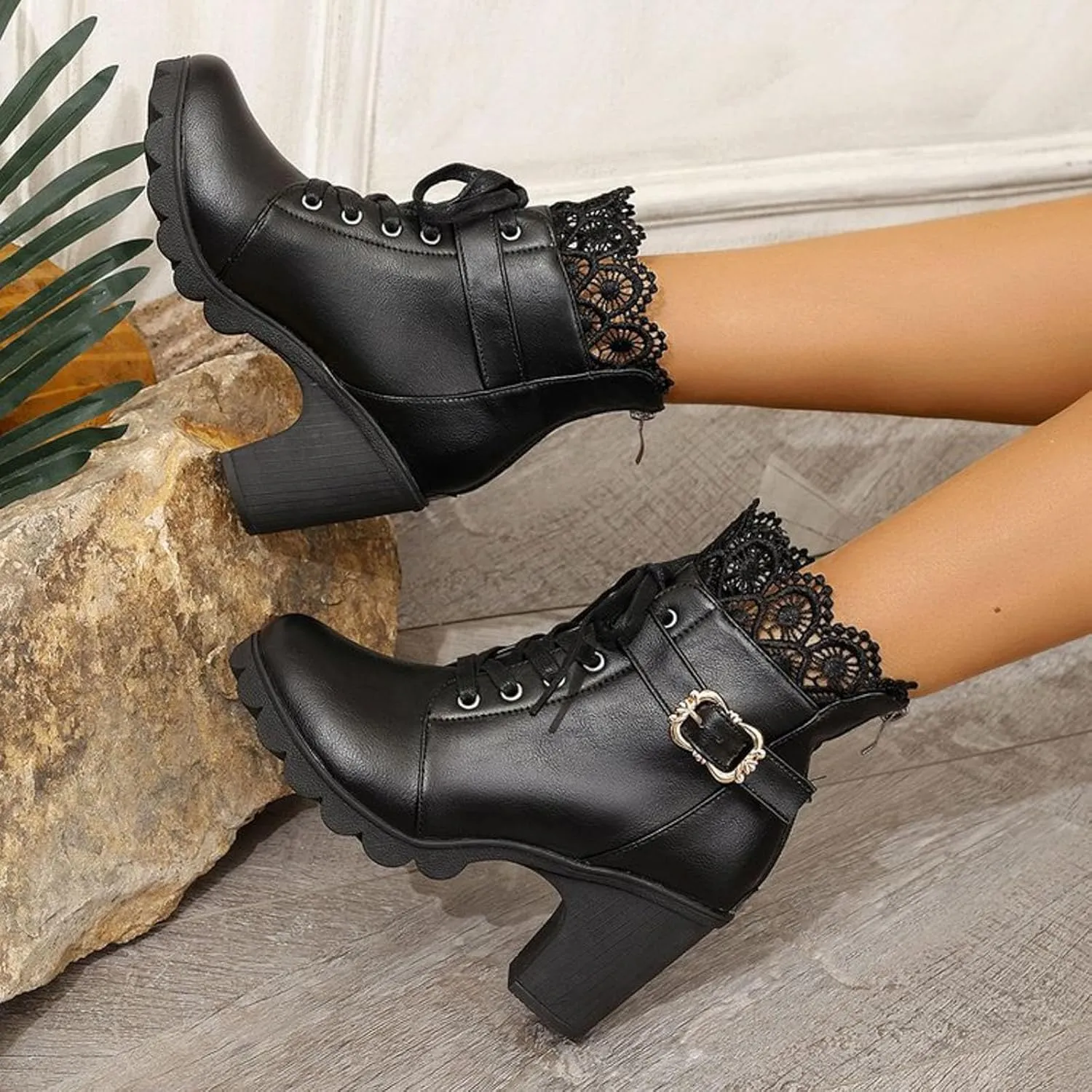 Cathalem Goth Boots for Women Fashion Lace Up Chunky Thick Heeled Booties Round Toe Fall Short Booties Shoes Platform Boots