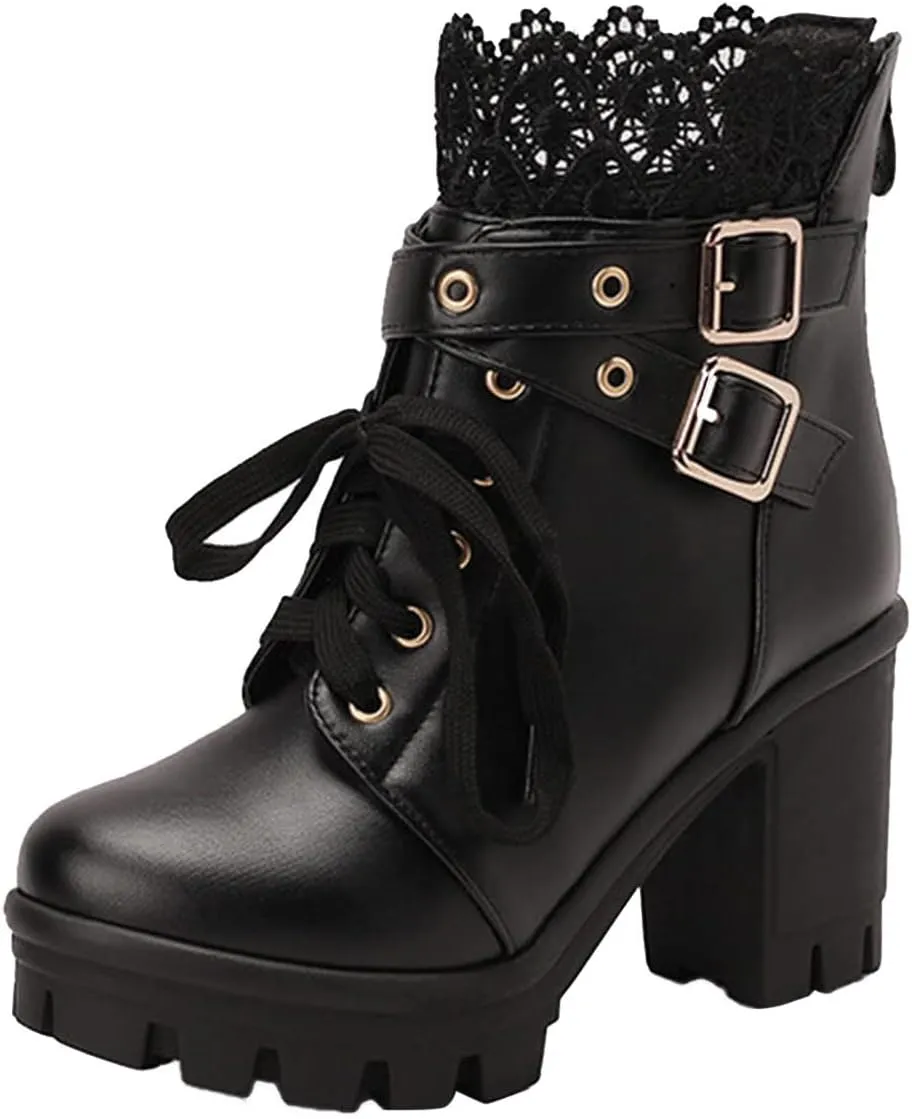Cathalem Goth Boots for Women Fashion Lace Up Chunky Thick Heeled Booties Round Toe Fall Short Booties Shoes Platform Boots