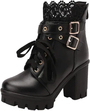 Cathalem Goth Boots for Women Fashion Lace Up Chunky Thick Heeled Booties Round Toe Fall Short Booties Shoes Platform Boots