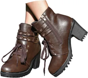 Cathalem Gothic Boots for Women Platform Combat Ankle Booties Lace Up Chunky Thick Heeled Booties Round Toe Fall Short Booties