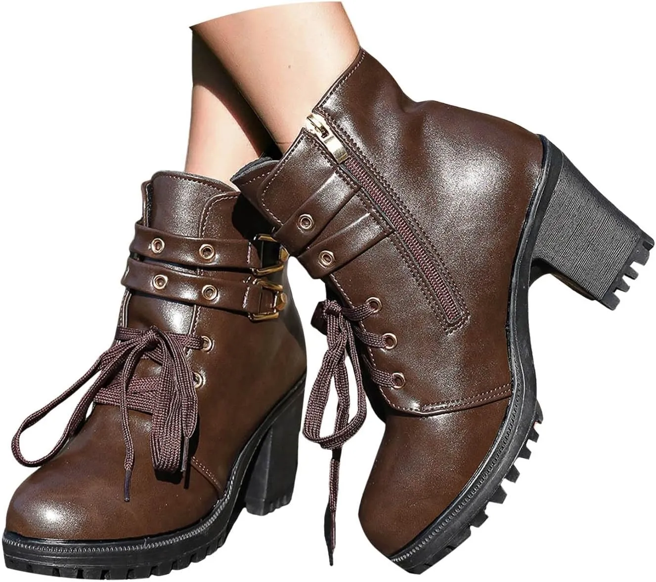 Cathalem Gothic Boots for Women Platform Combat Ankle Booties Lace Up Chunky Thick Heeled Booties Round Toe Fall Short Booties