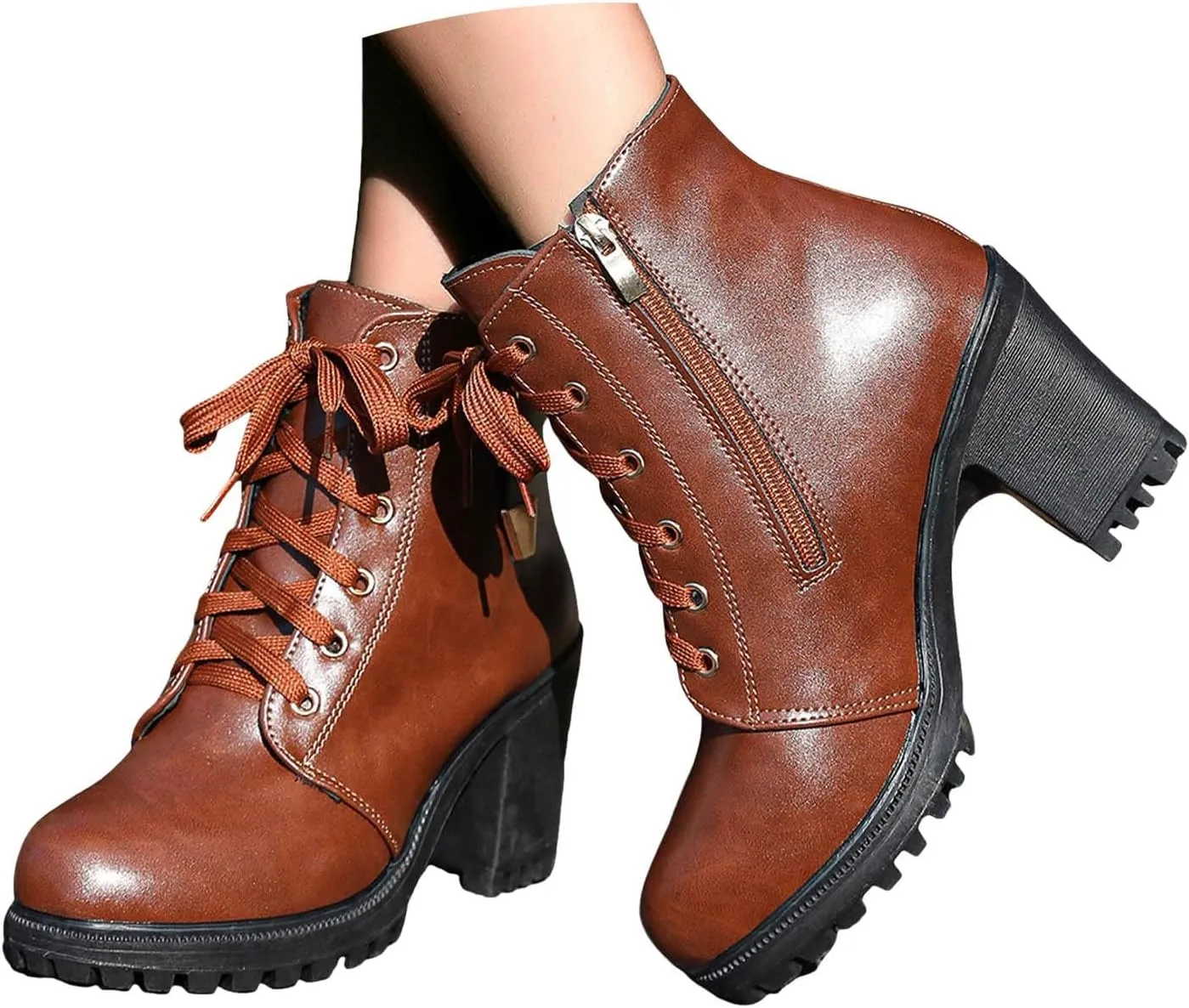 Cathalem Gothic Boots for Women Platform Combat Ankle Booties Lace Up Chunky Thick Heeled Booties Round Toe Fall Short Booties