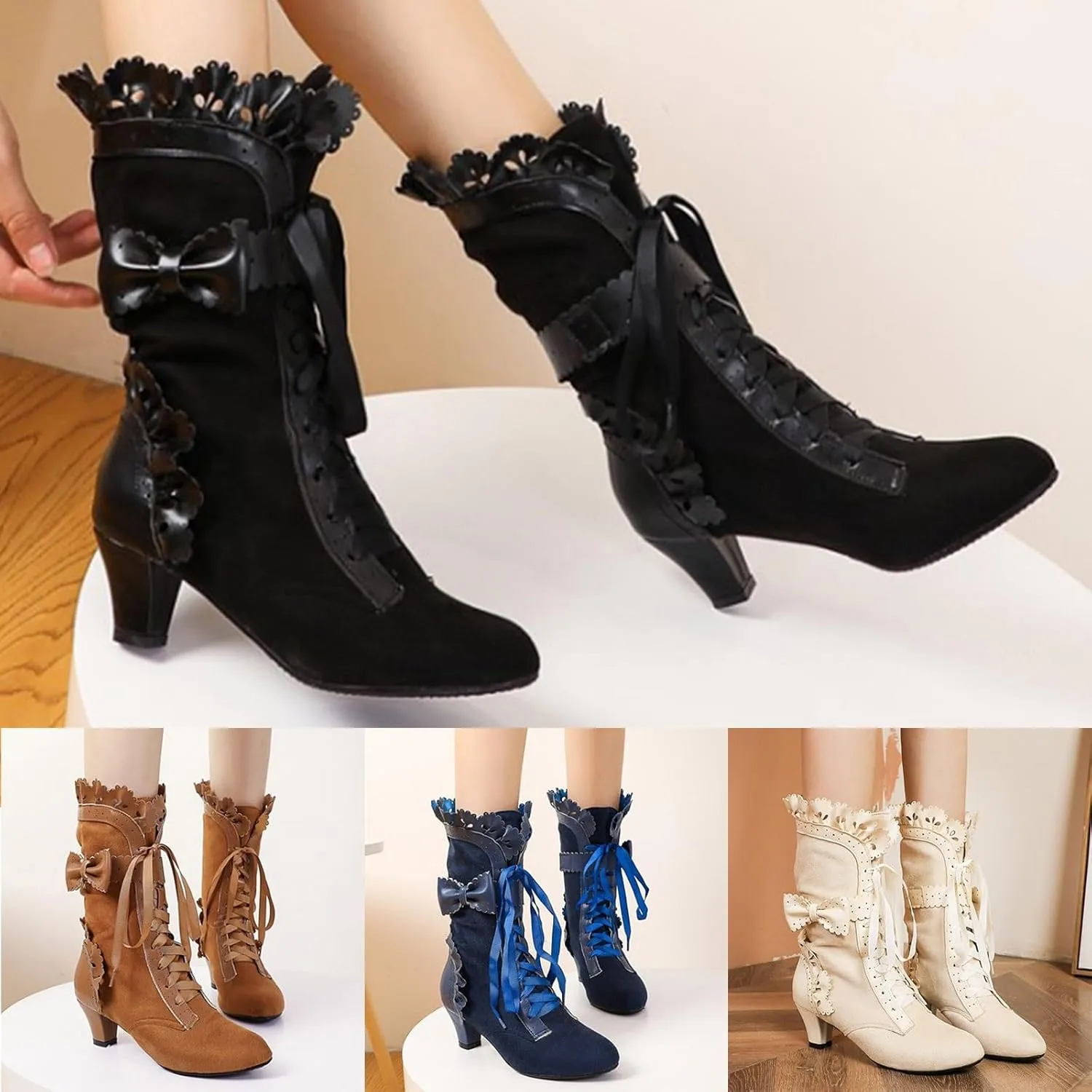 Cathalem Mid Calf Boots for Women Casual Lace Up Renaissance Boots 70s Mid Heels Vintage Boots Halloween Cosplay Witch Shoes
