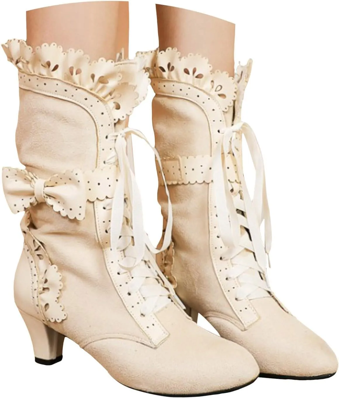 Cathalem Mid Calf Boots for Women Casual Lace Up Renaissance Boots 70s Mid Heels Vintage Boots Halloween Cosplay Witch Shoes