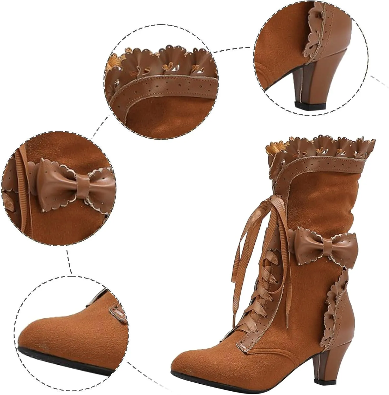 Cathalem Mid Calf Boots for Women Casual Lace Up Renaissance Boots 70s Mid Heels Vintage Boots Halloween Cosplay Witch Shoes