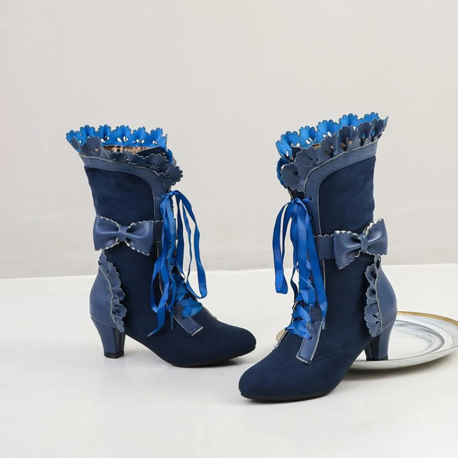 Cathalem Mid Calf Boots for Women Casual Lace Up Renaissance Boots 70s Mid Heels Vintage Boots Halloween Cosplay Witch Shoes