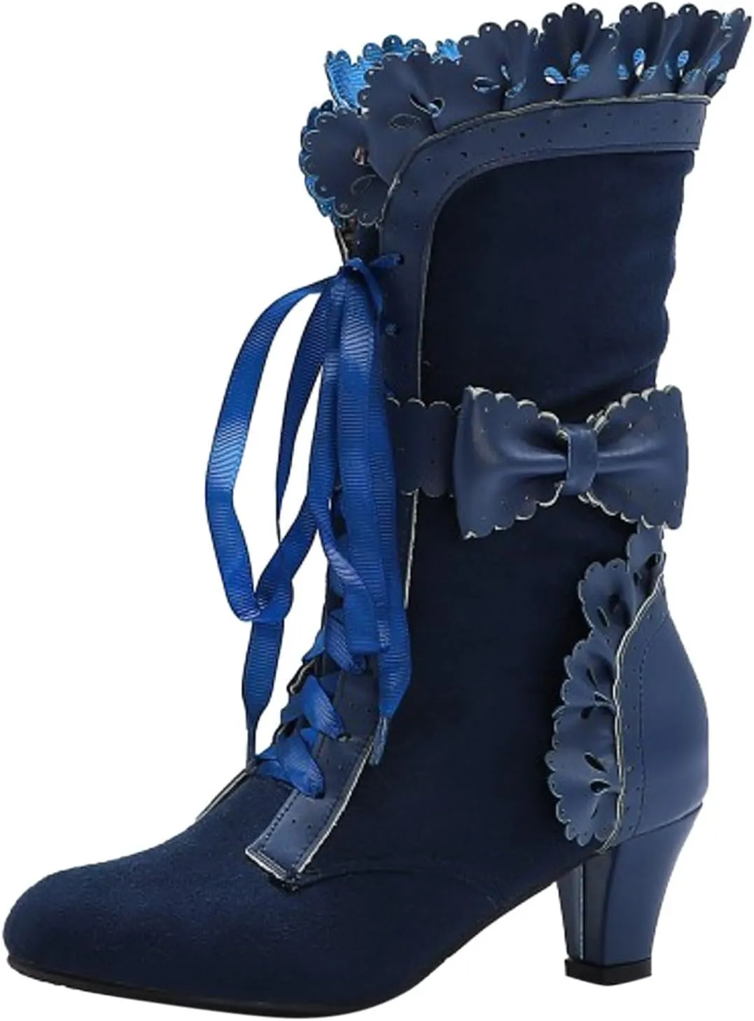 Cathalem Mid Calf Boots for Women Casual Lace Up Renaissance Boots 70s Mid Heels Vintage Boots Halloween Cosplay Witch Shoes