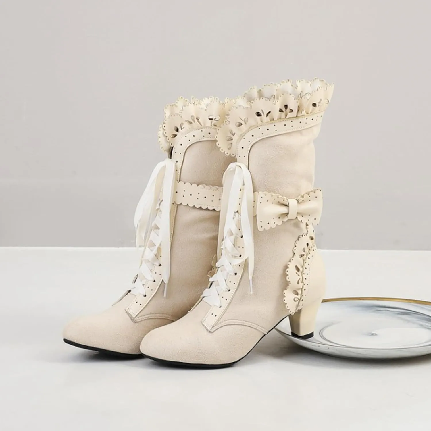 Cathalem Mid Calf Boots for Women Casual Lace Up Renaissance Boots 70s Mid Heels Vintage Boots Halloween Cosplay Witch Shoes