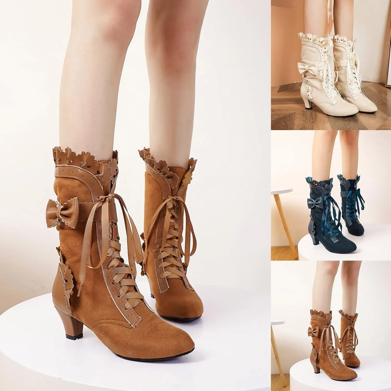 Cathalem Victorian Boots for Women 70s Mid Heels Vintage Boots Casual Lace Up Renaissance Boots Halloween Cosplay Witch Shoes 2024 2024