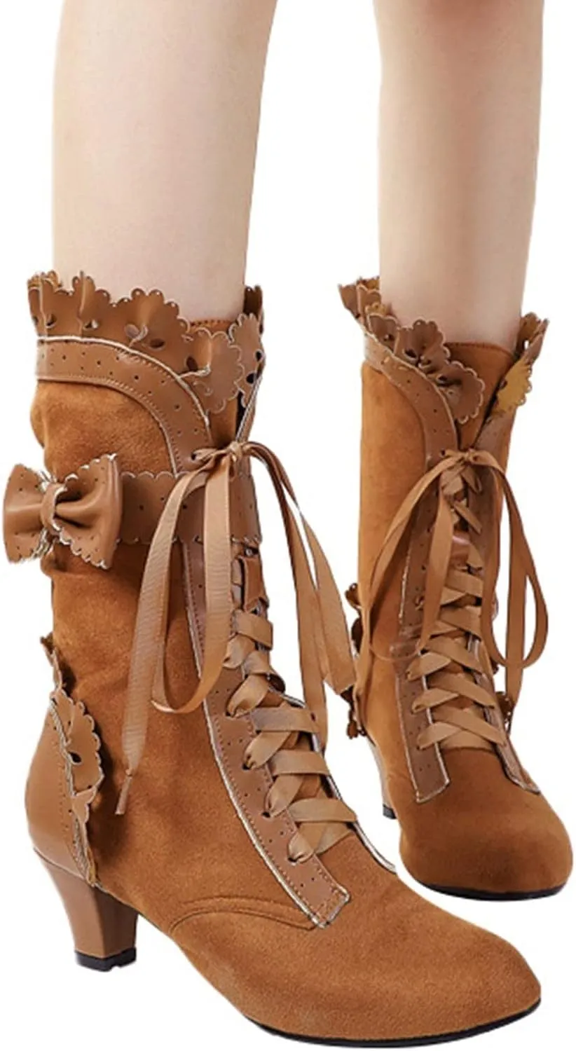 Cathalem Victorian Boots for Women 70s Mid Heels Vintage Boots Casual Lace Up Renaissance Boots Halloween Cosplay Witch Shoes 2024 2024